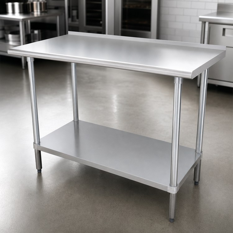 Product image #3 for Advance Tabco 120-Inch x 24-Inch 16 Gauge 430 Stainless Steel Work Table with 1-1/2-Inch Rear Up-Turn and Adjustable Undershelf