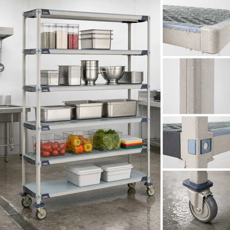 Product image #3 for MetroMax i 5-Tier Mobile Polymer Shelving Unit, 60W x 18D x 80H, Open Grid Shelves with Solid Bottom Shelf