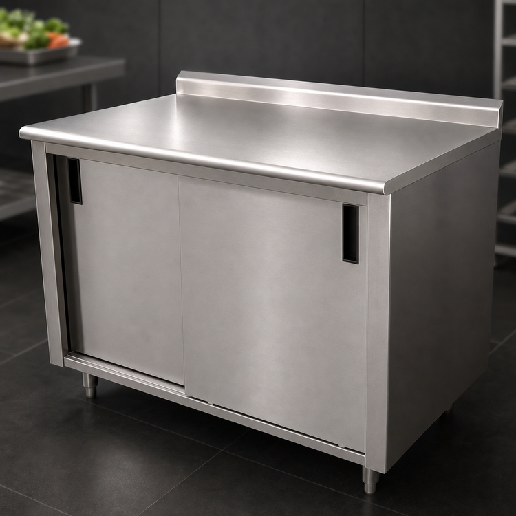 Product image #3 for Advance Tabco Enclosed Work Table with Cabinet Base and Sliding Doors, 108 x 24 Inch, 14-Gauge 304 Stainless Steel Top