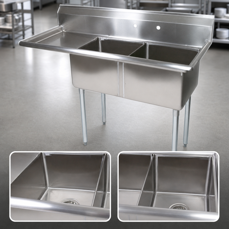 Product image #3 for John Boos E-Series 2-Compartment Stainless Steel Sink with Left Drainboard, 18-Inch x 18-Inch Bowls, and 9-3/4-Inch Backsplash