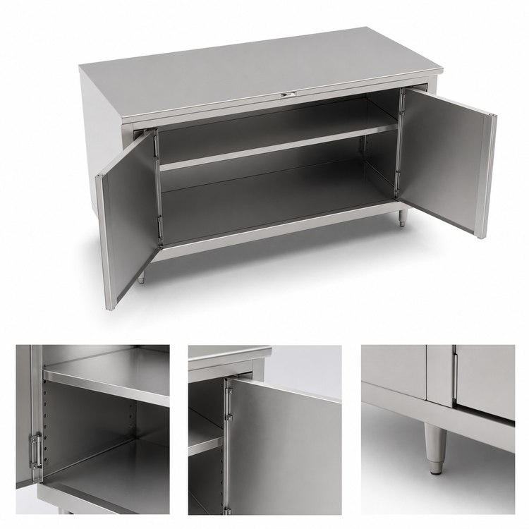 Product image #3 for John Boos 36 x 36 Inch 14-Gauge 300-Series Stainless Steel Enclosed Work Table with Cabinet Base and Hinged Doors