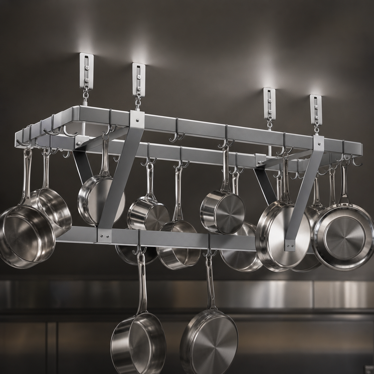 Product image #3 for Eagle Group Triple-Bar Ceiling-Mounted Stainless Steel Pot Rack, 64" x 20" x 18"