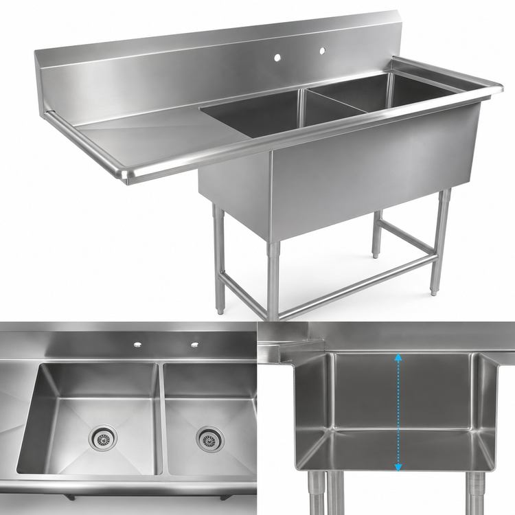 Product image #3 for John Boos Pro-Bowl 2-Compartment Floor Model Sink with Left Drainboard, 76-3/16" W x 29-1/2" D
