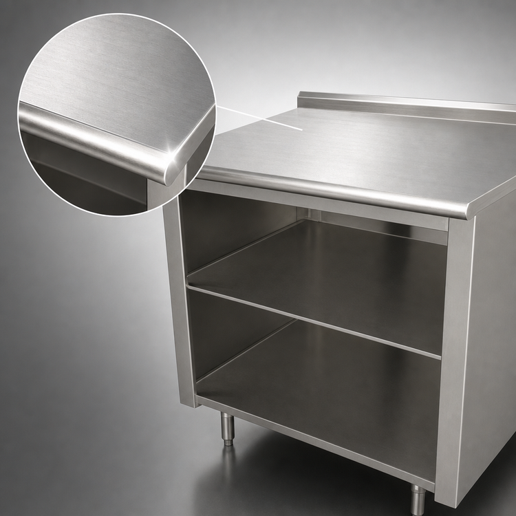 Product image #3 for Advance Tabco 84-Inch x 30-Inch 304 Stainless Steel Work Table with Open Front Cabinet Base, Mid-Shelf, and 1-1/2-Inch Rear Up-Turn