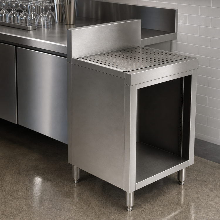 Product image #3 for Prestige Supreme 18 Inch Freestanding Open Front Stainless Steel Underbar Drainboard Cabinet with 7 Inch Backsplash