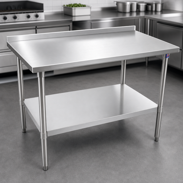Product image #3 for John Boos Stallion 48" x 24" 14-Gauge 300 Series Stainless Steel Work Table with 1-1/2" Rear Up-Turn