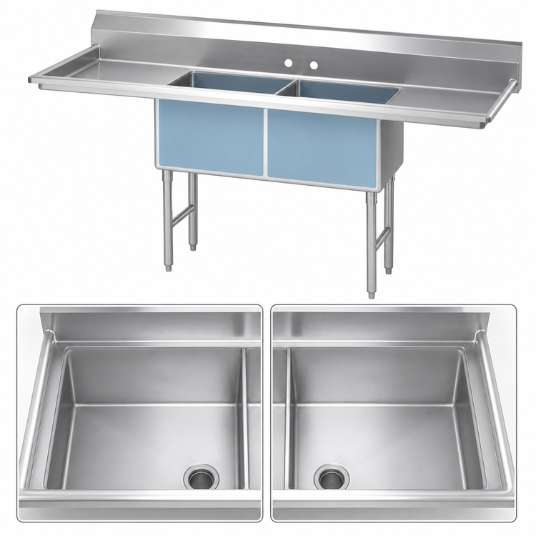 Product image #3 for 72-Inch Fabricated 2-Compartment Stainless Steel Sink with Left and Right Drainboards