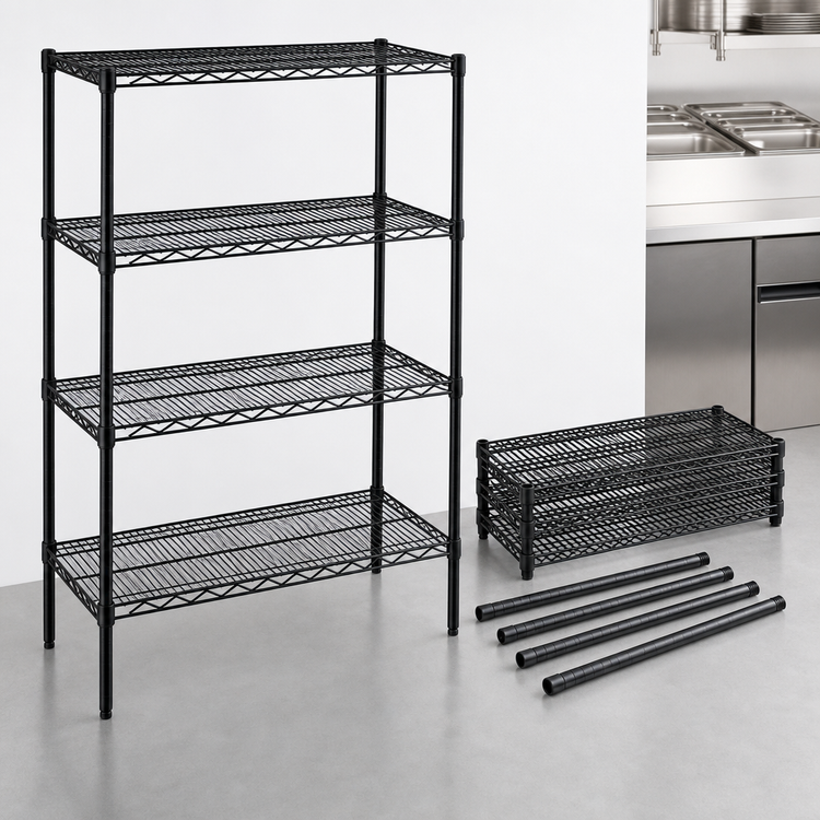 Product image #3 for Quantum Stationary Wire Shelving Starter Kit, 60"W x 12"D x 54"H, 4 Shelves, Black Epoxy Antimicrobial Finish