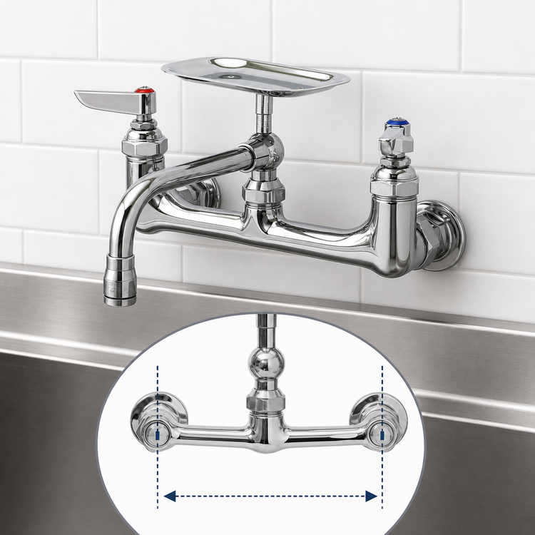 Product image #3 for T&S Brass Wall Mount 8-Inch Centers Double Pantry Mixing Faucet with 6-Inch Swing Nozzle and Soap Dish