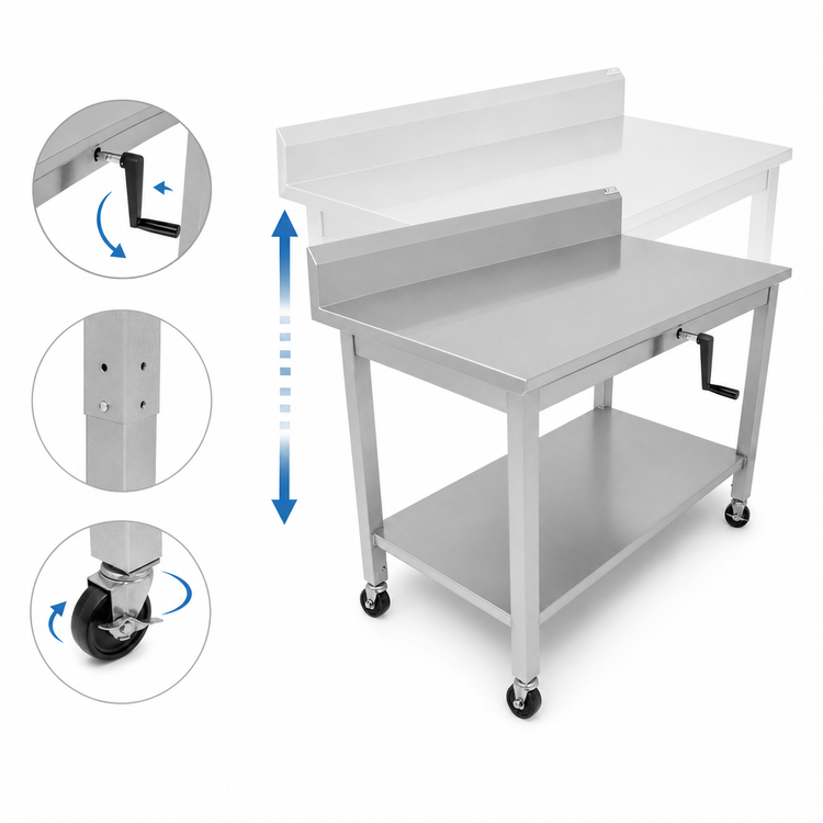 Product image #3 for John Boos ADA Adjustable-Height Stainless Steel Work Table with 5-Inch Backsplash and Casters, 60 x 30 Inches