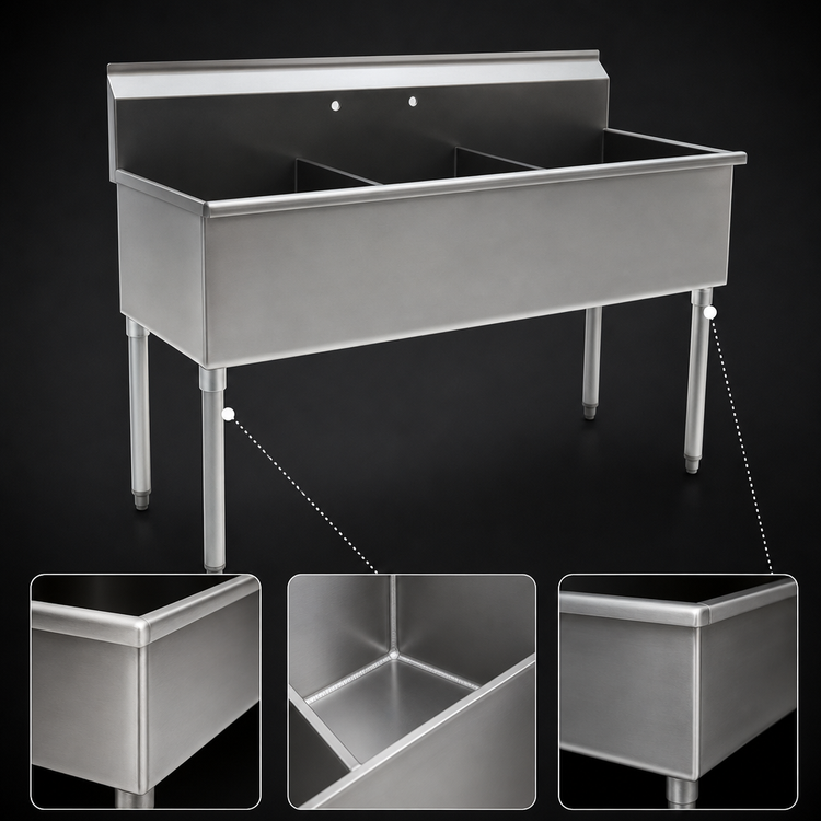 Product image #3 for Eagle Group Three-Compartment Utility Sink, 55-3/8 Inch Wide, 16-Gauge 430 Stainless Steel, Square Corner Construction, No Drainboards