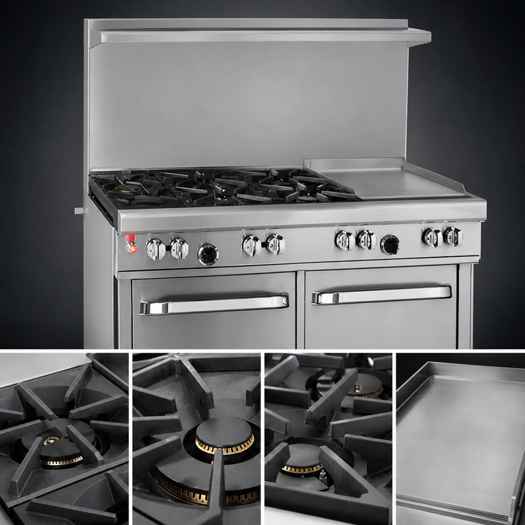 Product image #3 for Ultimate 48-Inch Commercial Gas Restaurant Range with 24-Inch Griddle, 2 Star/Sauté Front Burners, 2 Non-Clog Rear Burners, Convection Oven, and Cabinet Base