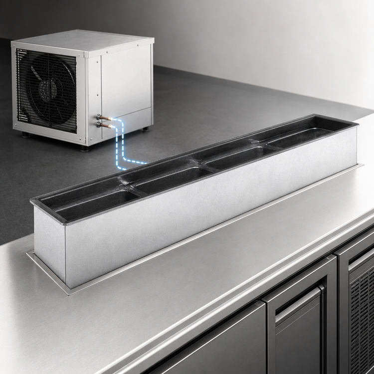 Product image #3 for Atlas Metal RMLX-4 Slim-Line Remote Refrigerated 4-Pan Drop-In Cold Well