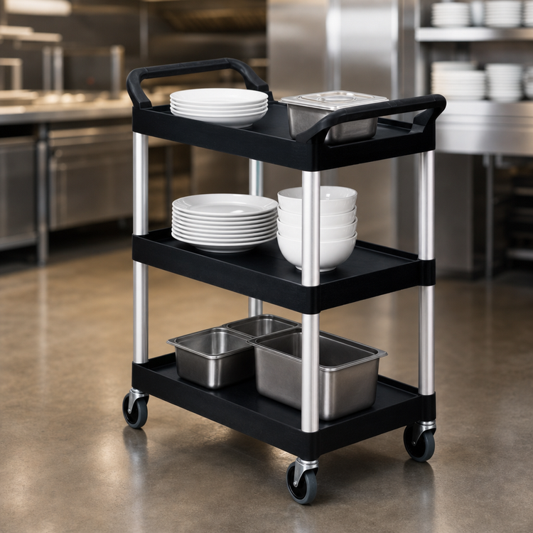 Product image #3 for Rubbermaid Commercial Products 3-Shelf Open-Side Plastic Utility Cart with Swivel Casters, Black