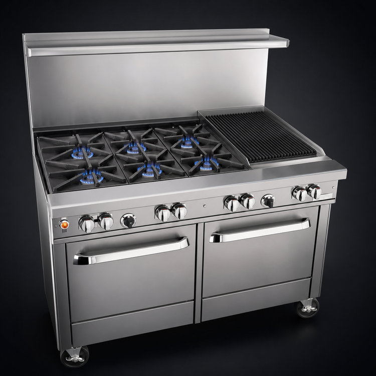 Product image #3 for Southbend Ultimate 48-Inch Gas Restaurant Range with 4 Non-Clog Burners, 24-Inch Charbroiler, Standard Oven and Cabinet Base
