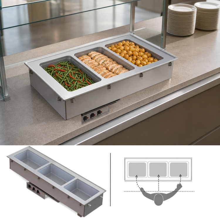 Product image #3 for Vollrath Short-Sided 3-Pan Drop-In Insulated Hot Well with Thermostatic Controls and Standard Drain