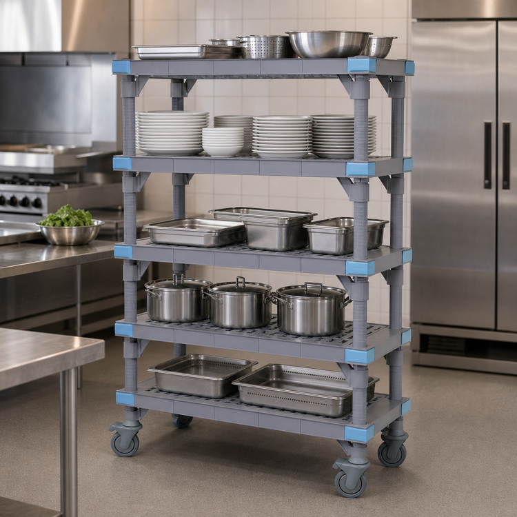Product image #3 for Quantum Millenia Mobile Polymer Shelving Starter Unit with 5 Open Grid Shelves, 72 x 24 x 62 Inches, Gray