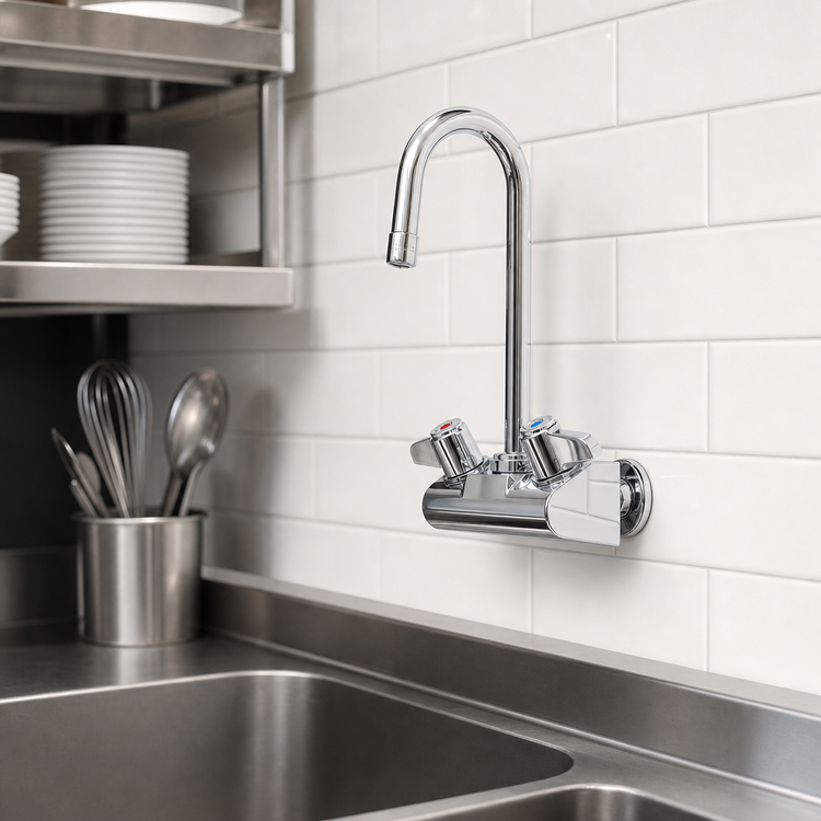 Product image #3 for Equip 4-Inch Wall Mount Mixing Faucet with 3-Inch Swivel Gooseneck and 0.5 GPM Vandal-Resistant Spray Device