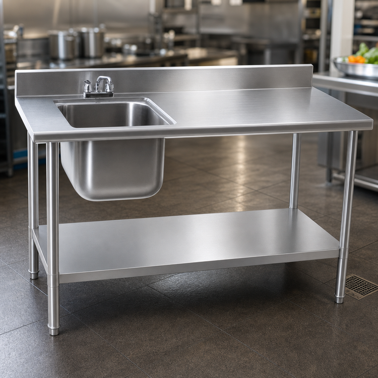 Product image #3 for Deluxe Stainless Steel Work Table with Sink, Left Bowl, Backsplash, and Undershelf, 72-Inch x 30-Inch