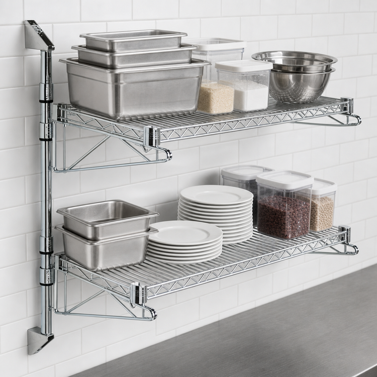 Product image #3 for Quantum Cantilever Double Shelf Post Wall Mount Wire Shelving Unit, 24 x 14 Inches, Chrome Plated