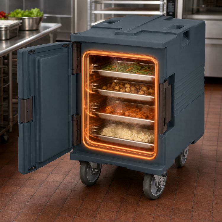 Product image #4 for Cambro Ultra Pan Carrier Heated Front-Loading Insulated Food Pan Carrier with Casters, 110V, Granite Gray