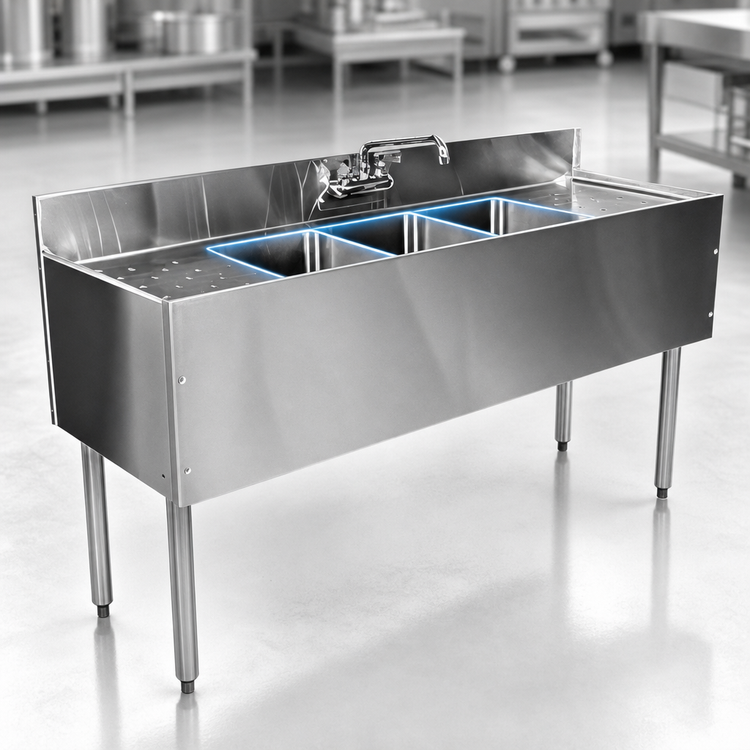 Product image #3 for CHOICE by Glastender 72-Inch 24-Inch Deep Three-Compartment Underbar Sink Unit with Dual Drainboards and Deck-Mount Faucet
