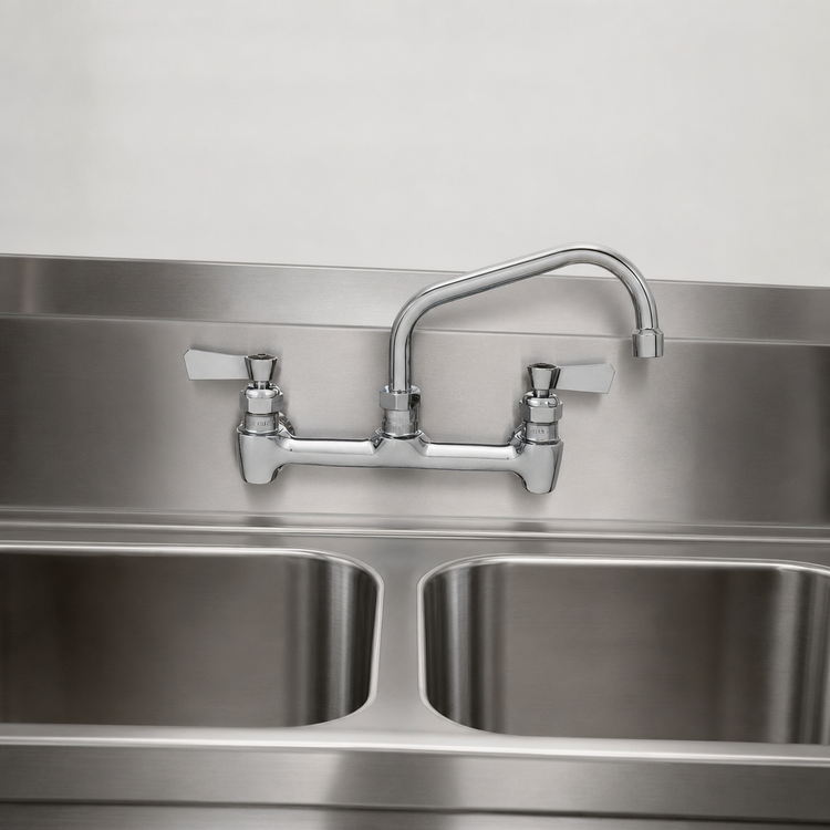 Product image #3 for Fisher Stainless Steel 8-Inch Center Backsplash Faucet with 14-Inch Swing Spout and Lever Handles