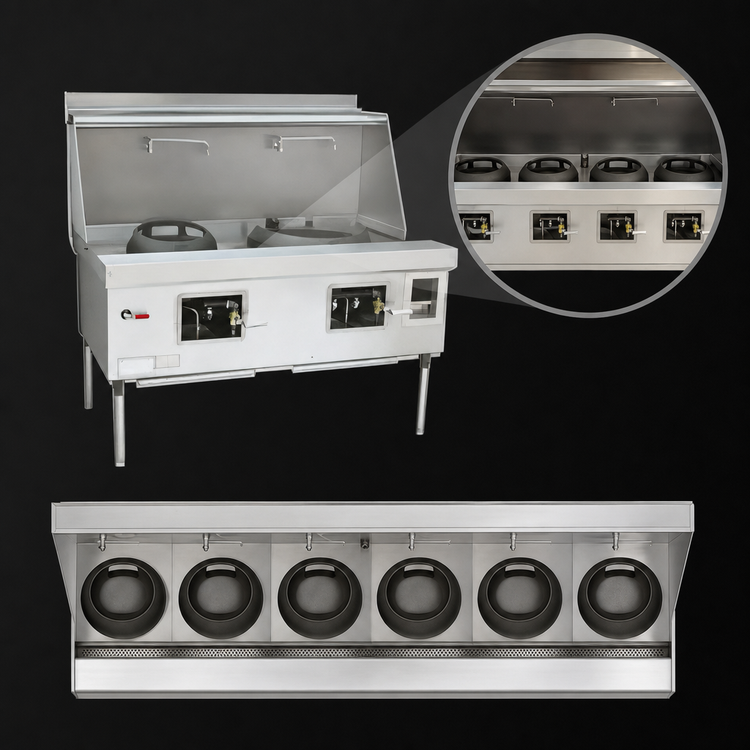 Product image #3 for EcoDeck E-6-SS 6-Chamber Waterless Gas Wok Range with Sink and Water Wash Bar