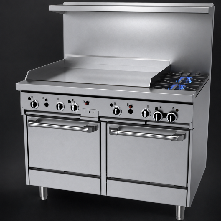 Product image #3 for Garland GF Starfire Pro 48-Inch Gas Restaurant Range with Flame Failure, 2 Open Burners, 36-Inch Thermostatic Griddle, and 2 Space-Saver Ovens