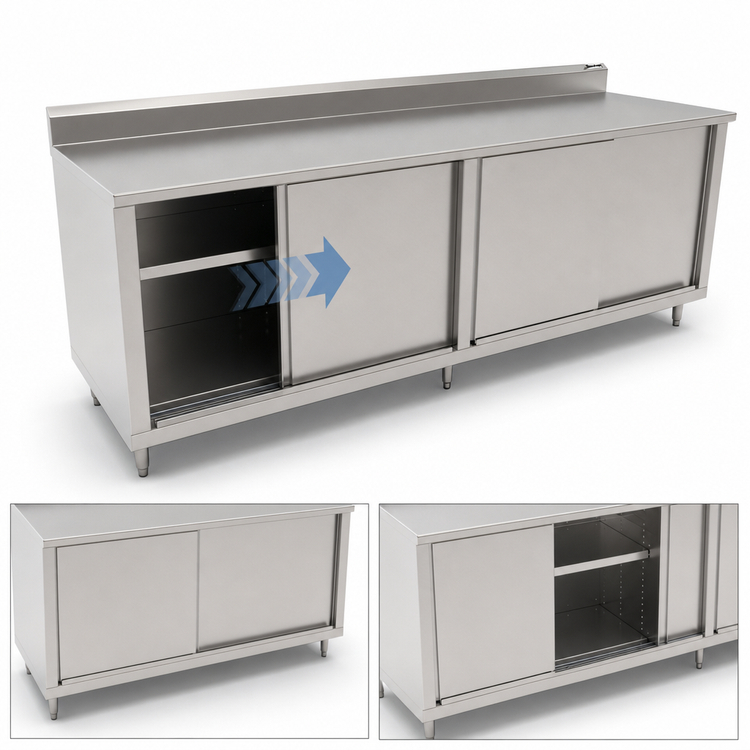 Product image #3 for John Boos 4CS4R5-3096 Enclosed Work Table with Sliding Doors, 96 Inch W x 30 Inch D, 14-Gauge Stainless Steel Top, 5-Inch Backsplash