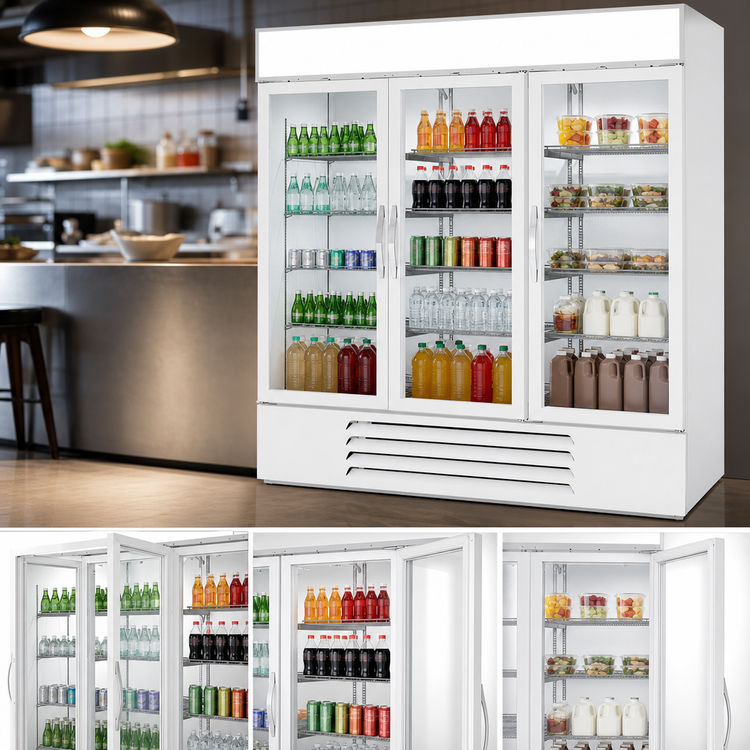 Product image #4 for Beverage Air MarketMax Three-Section Reach-In Glass Door Merchandiser Refrigerator, 70.19 Cu. Ft., White, Bottom Mount