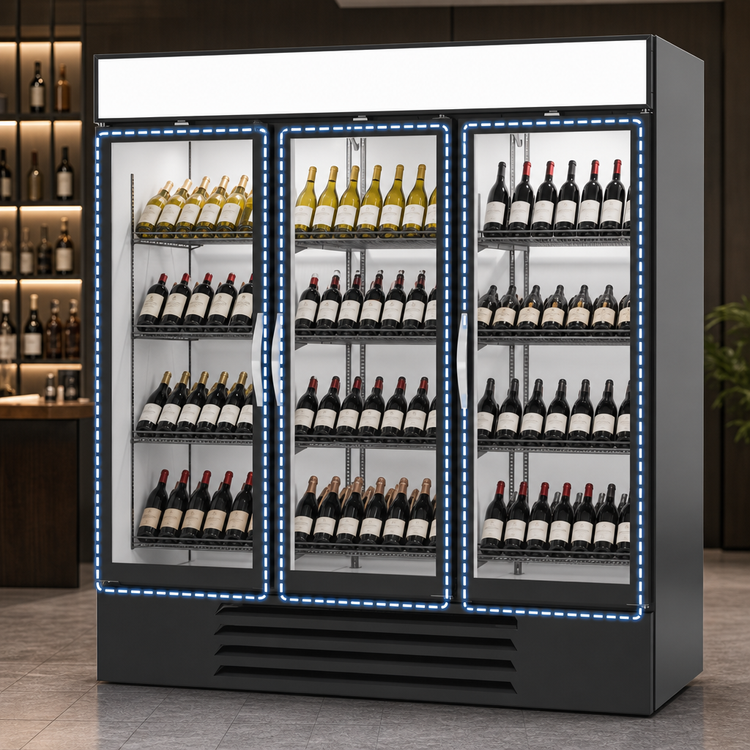Product image #4 for Beverage-Air MarketMax 3-Section Reach-In Wine Merchandiser, 3 Double-Pane Hinged Glass Doors, Bottom-Mount, Black, 70.19 Cu. Ft.