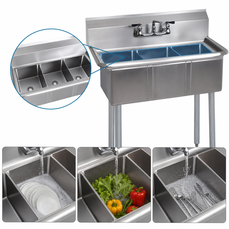 Product image #3 for BK Resources Three-Compartment Convenience Store Sink with 10" x 14" x 10" Bowls