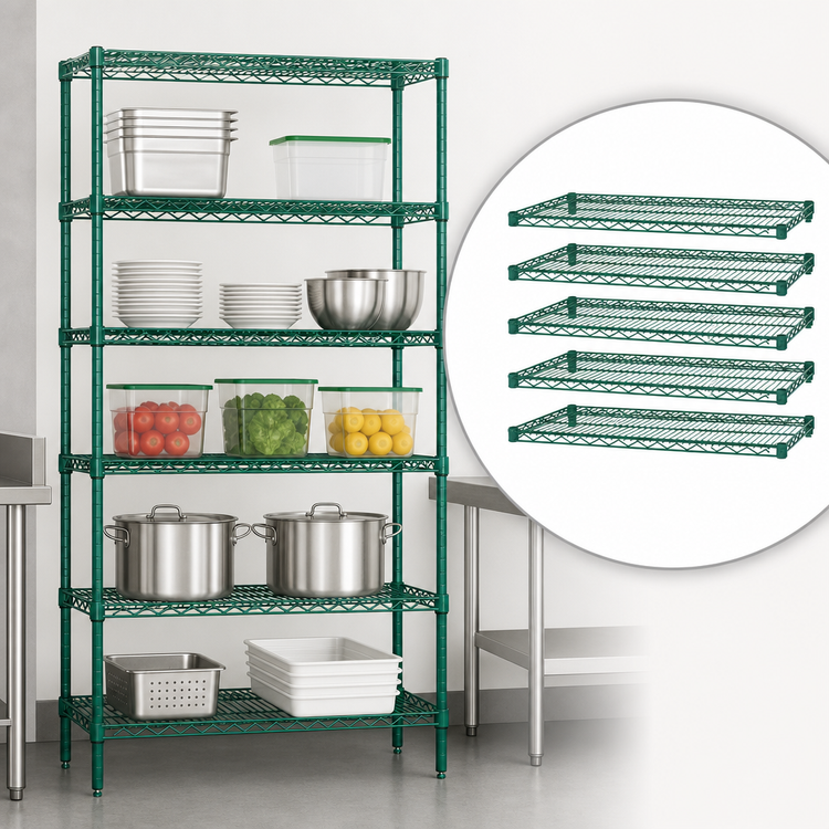 Product image #3 for Quantum 5-Shelf Wire Shelving Starter Kit, 42 x 30 x 63 in., Stationary, Green Epoxy Finish