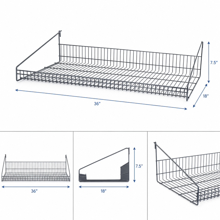 Product image #3 for Quantum SG-LS1836GY Store Grid Wall-Mounted Shelf — 36 Inches W x 18 Inches D x 7.5 Inches H, Gray Epoxy Antimicrobial Finish, Retaining Front Edge, NSF