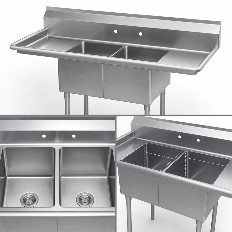 Product image #3 for 72-Inch Freestanding 2-Compartment Stainless Steel Sink with Left and Right Drainboards