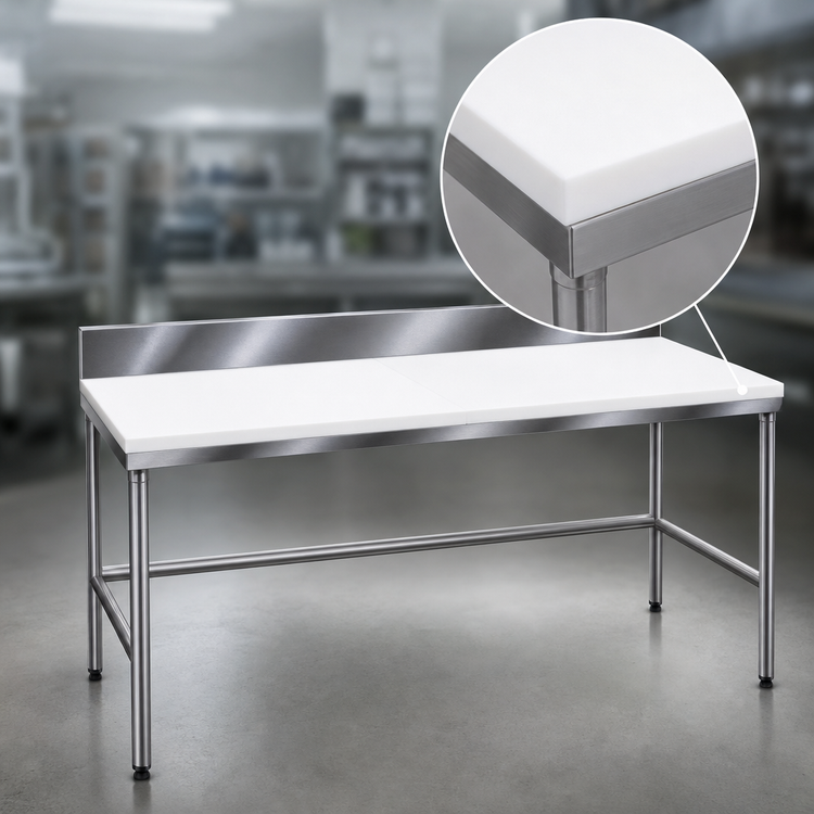 Product image #3 for 96-Inch x 30-Inch Poly-Top Work Table with Stainless Steel Base and 6-Inch Backsplash