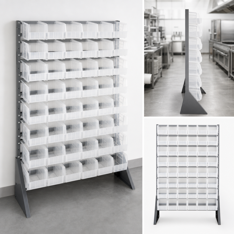 Product image #3 for Quantum Single-Sided Rail Rack Storage System with 16 Rails and 48 Clear Bins