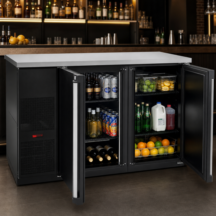 Product image #3 for Pro-Line E-Series Two-Section Refrigerated Back Bar Cabinet, 59-1/2 Inch Wide, Self-Contained, Solid Doors