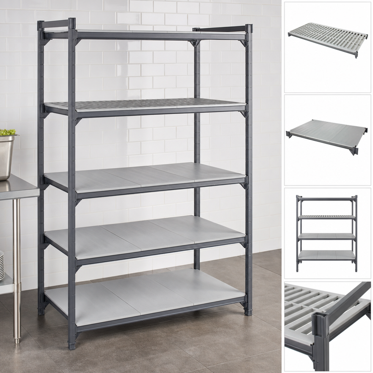 Product image #3 for Cambro Camshelving Basics Plus 18 x 42 Inch Stationary 5-Shelf Solid & Vented Shelf Kit, Brushed Graphite