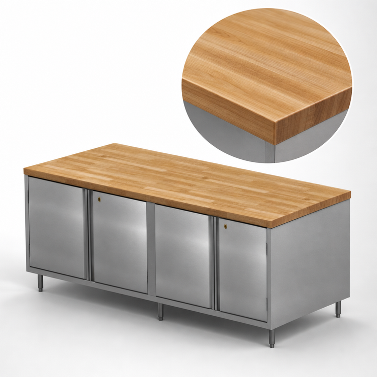 Product image #3 for BK Resources 96" x 36" Hard Maple Top Chef Table with Locking Hinged-Door Stainless Steel Cabinet Base