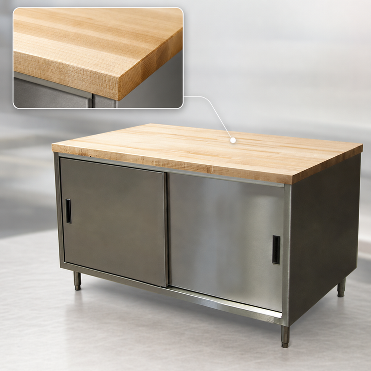 Product image #3 for BK Resources CMT-3648S Chef Table with Hard Maple Top and Cabinet Base with Sliding Doors, 48 x 36 Inch