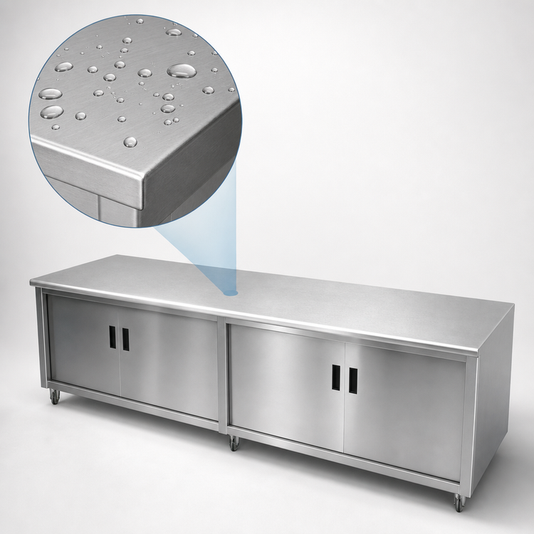 Product image #3 for Advance Tabco Heavy-Duty Flat-Top Stainless Steel Enclosed Work Table with Cabinet Base, Mid-Shelf and Hinged Doors, 108 x 30 Inches