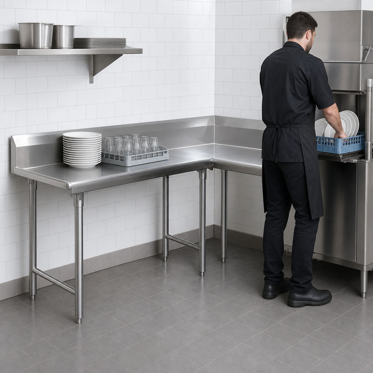 Product image #3 for Advance Tabco Korner Clean L-Shaped Left-Mount Dish Table, 95-Inch, 14 Gauge 304 Stainless Steel