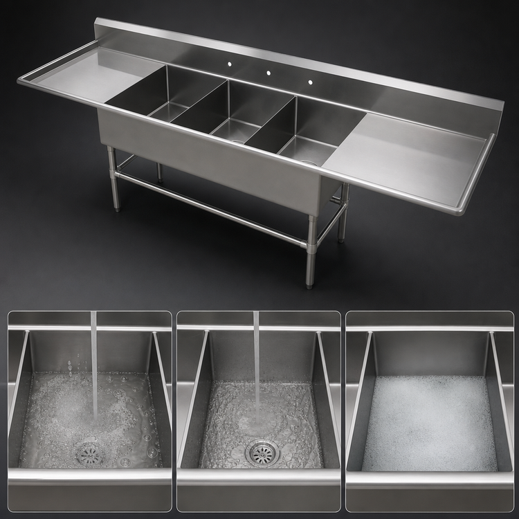 Product image #3 for John Boos Pro-Bowl 3-Compartment Sink with Dual 30-Inch Drainboards, 135-1/4-Inch Wide, 14-Gauge Stainless Steel