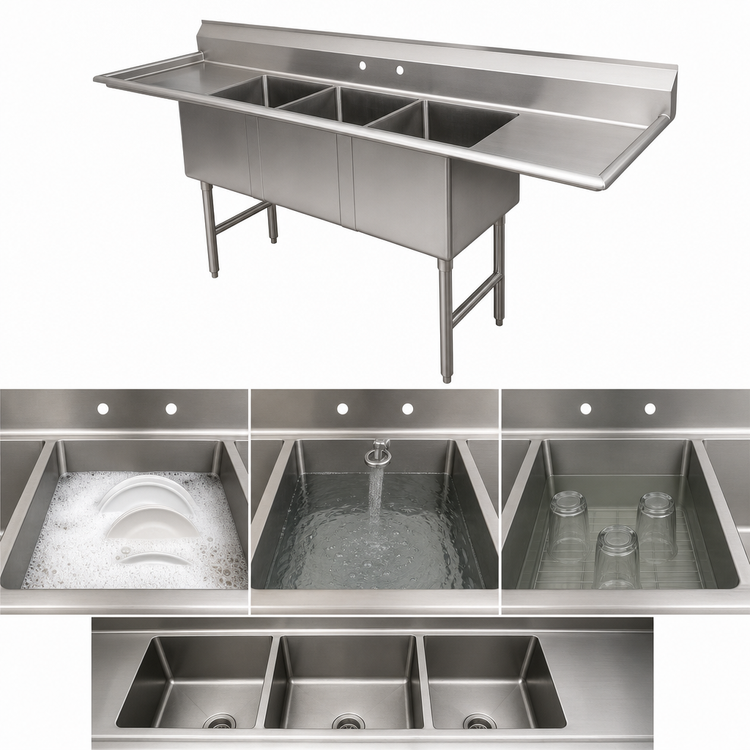 Product image #3 for Advance Tabco 3-Compartment Fabricated Stainless Steel Sink with Left and Right Drainboards, 24 x 30 x 14-Inch Bowls