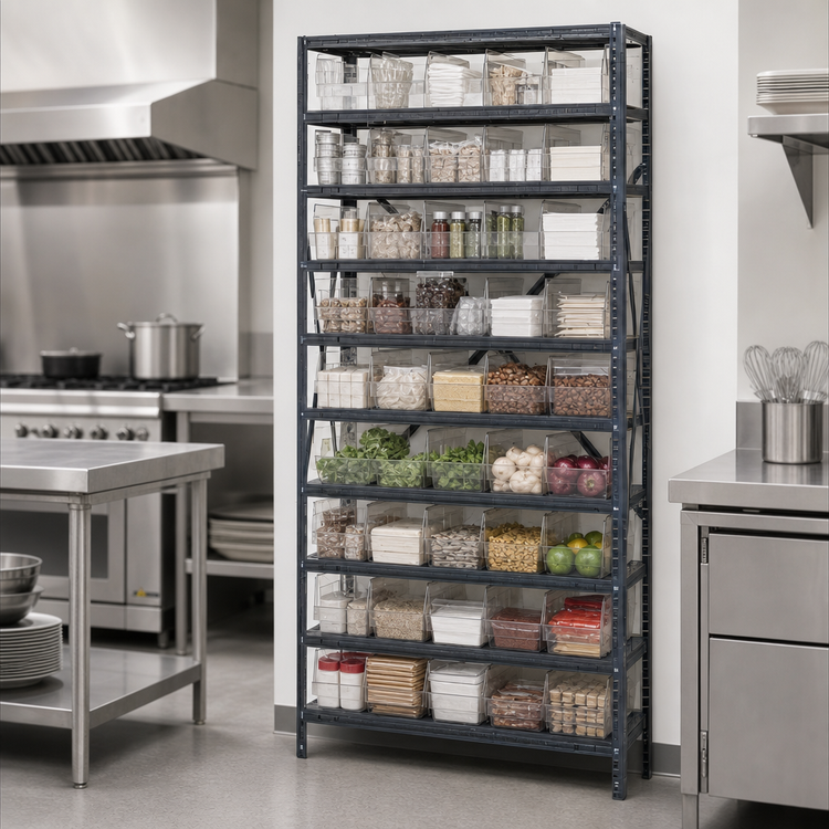 Product image #3 for Quantum Heavy-Duty Stationary Wire Shelving Unit with 10 Shelves and 45 Clear Bins, 36 x 12 x 75 Inches