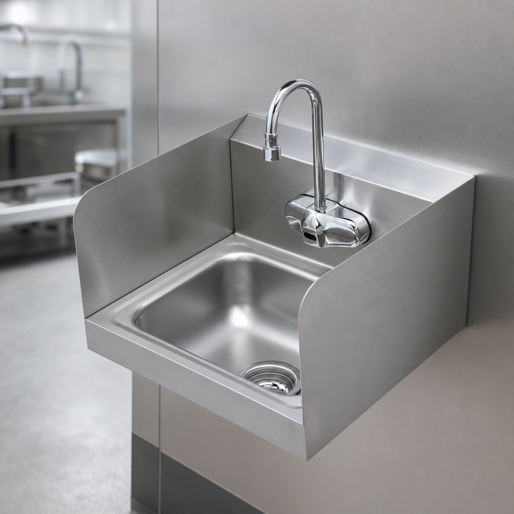 Product image #3 for T&S Brass Wall-Mounted Stainless Steel Hand Sink with Electronic Sensor Faucet and Side Splash Shields