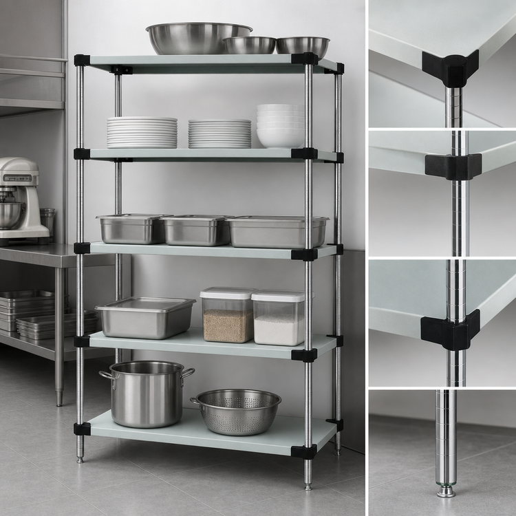 Product image #3 for Quantum WRS5-74-1448SS 5-Shelf Solid Stainless Steel Shelving Starter Kit, 48"W x 14"D x 74"H