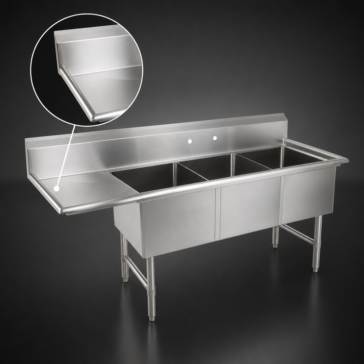 Product image #3 for John Boos B Series 3-Compartment Sink with 24-Inch Left Drainboard, 100-3/16-Inch Wide, 16-Gauge Stainless Steel